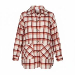 Pink Lily Plaid Flannel Shacket Jacket Cream Burgundy Plaid Button Front Lined M